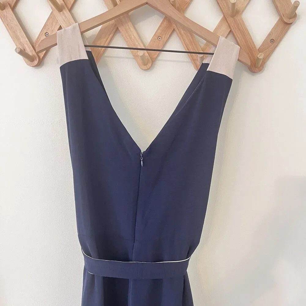 DKNY Colorblocked Belted Faux-Wrap Dress Navy Beige Size 16 - Picture 7 of 10